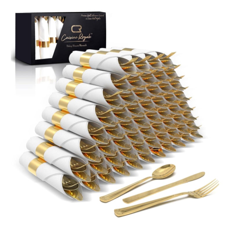 Prestee 200 Piece Gold Plastic Silverware Set for 50 Guests - Premium Pre Rolled Cutlery Set with Napkins - Elegant Disposable Silverware with Forks, Knives, and Spoons for Weddings and Thanksgiving - Image 1